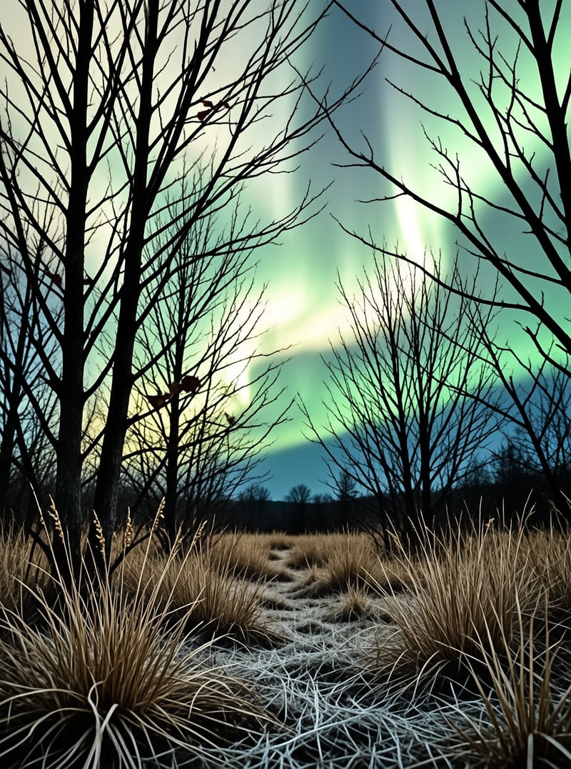 Ribbons of green northern light glow behind leafless trees and frost-touched grass along a woodland path.