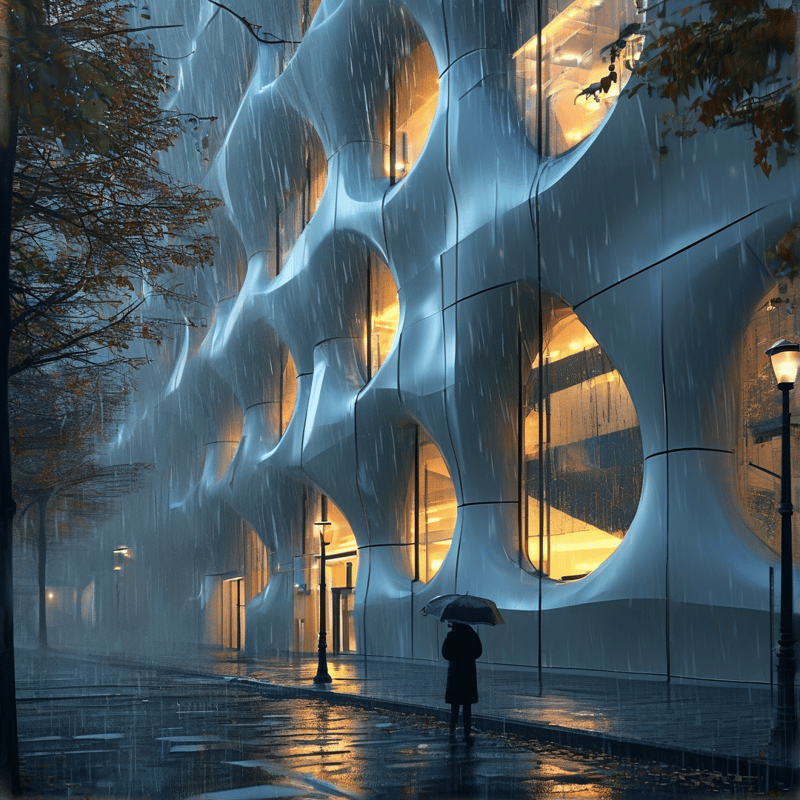 Futuristic Building in the Rain