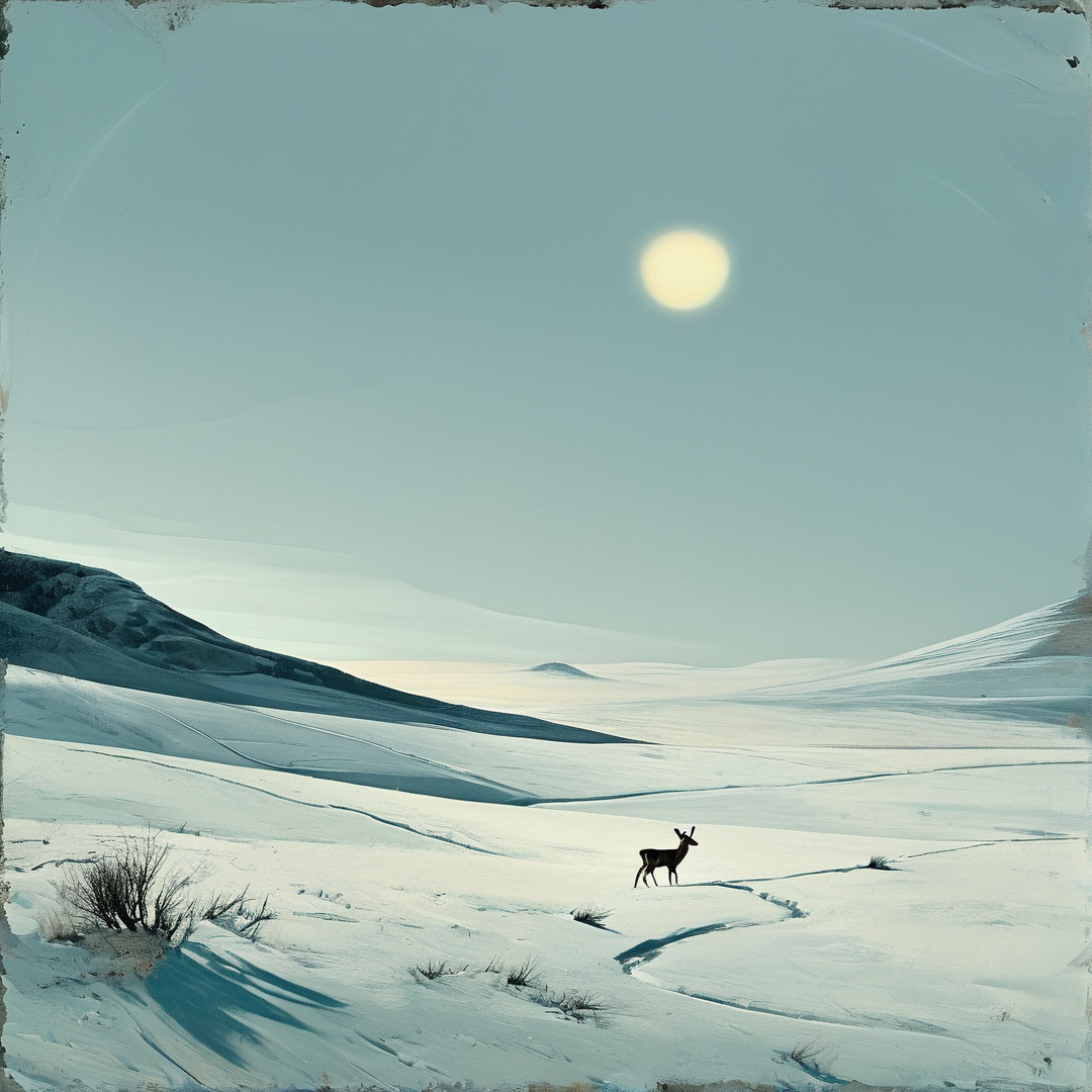 A solitary stag stands amidst vast white fields while a glowing orb hangs in the light blue sky above.