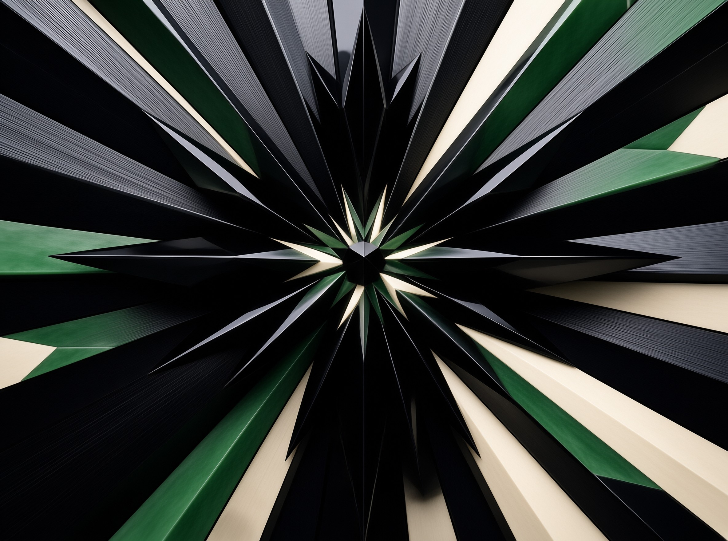 This abstract composition features a radial starburst design where sharp angular shapes radiate from a central dark point while strips of textured material resembling stacked paper in shades of grey, cream, and deep green contrast against glossy black triangular shards that create a dynamic sense of motion and depth.