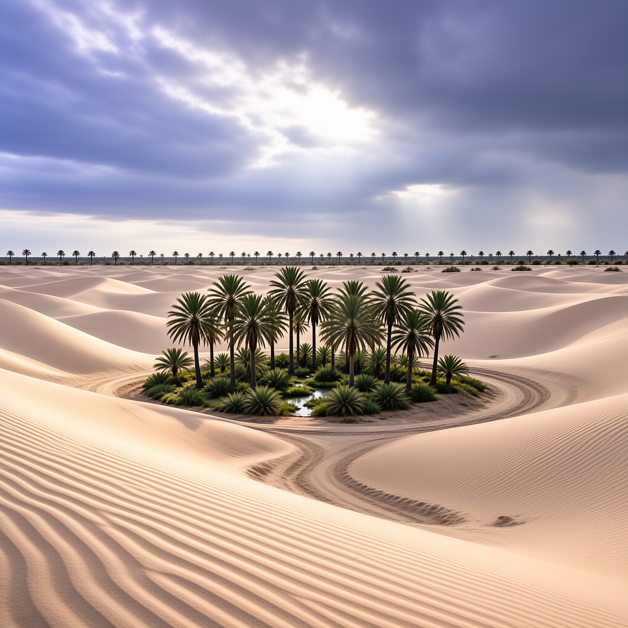 A cluster of palm trees stands in a desert oasis surrounded by sand dunes under a cloudy sky.