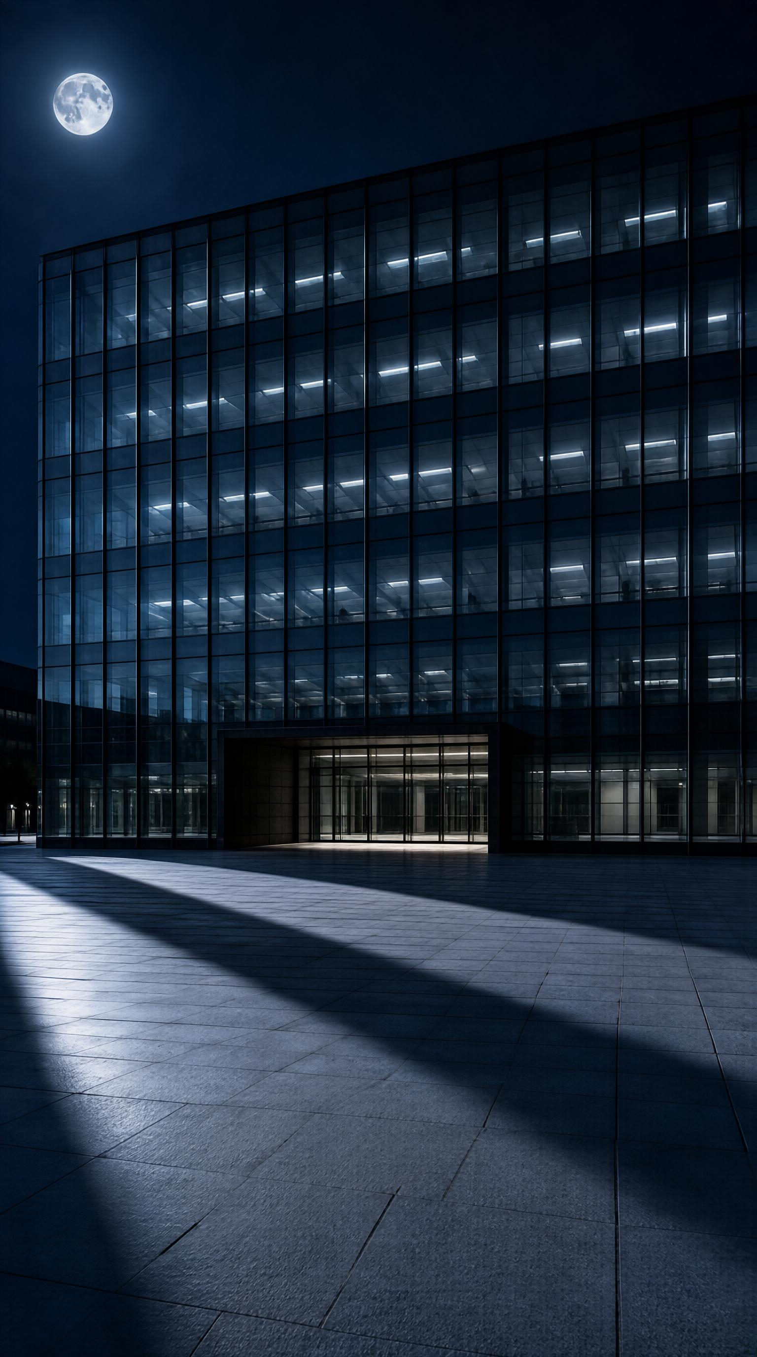 Moonlit Glass Office Facade
