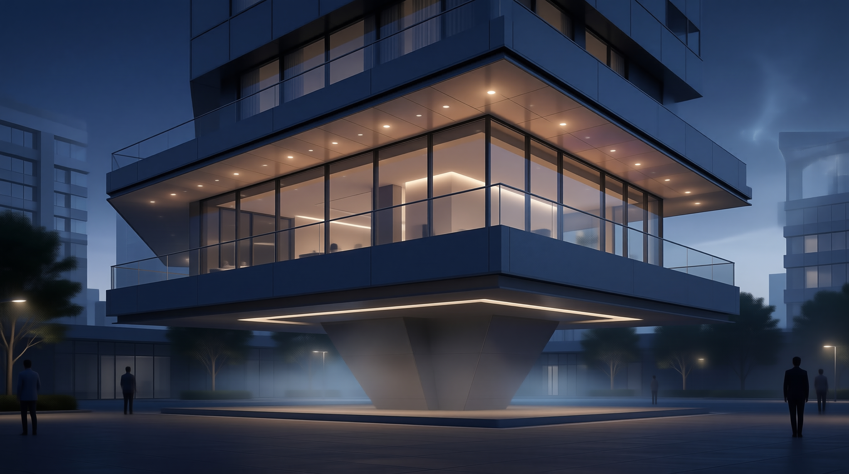 Cantilevered Glass Pavilion in Blue Hour