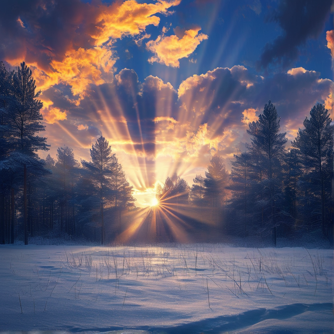 Sunrise in Snowy Forest