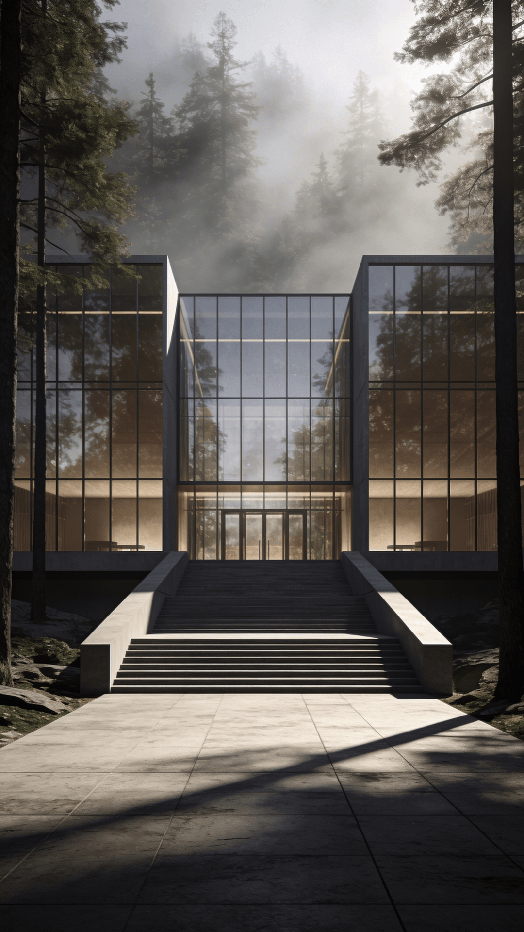 Cultural Center with Glass Curtain Wall — Misty Forest
