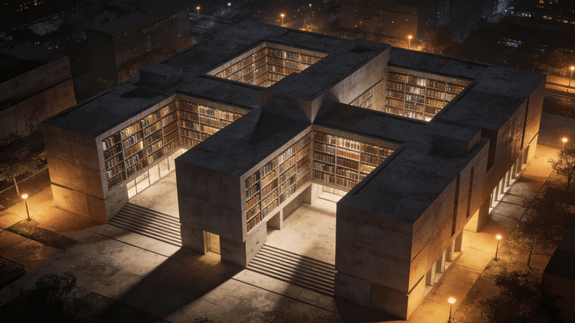 Library with Brutalist Massing — Night With Warm Lights