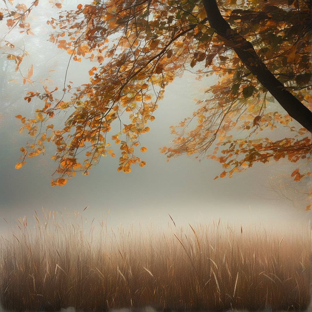 Orange autumn leaves hang from dark branches above a field of tall brown reeds obscured by thick white fog.