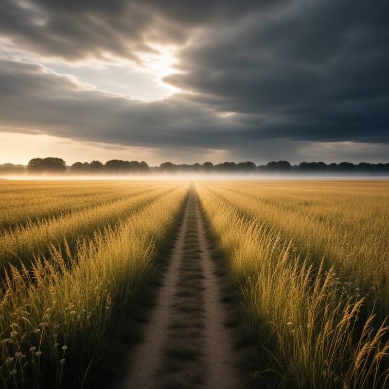 A narrow footpath runs straight toward the horizon of a golden grass field beneath heavy rain clouds split by low sunlight.