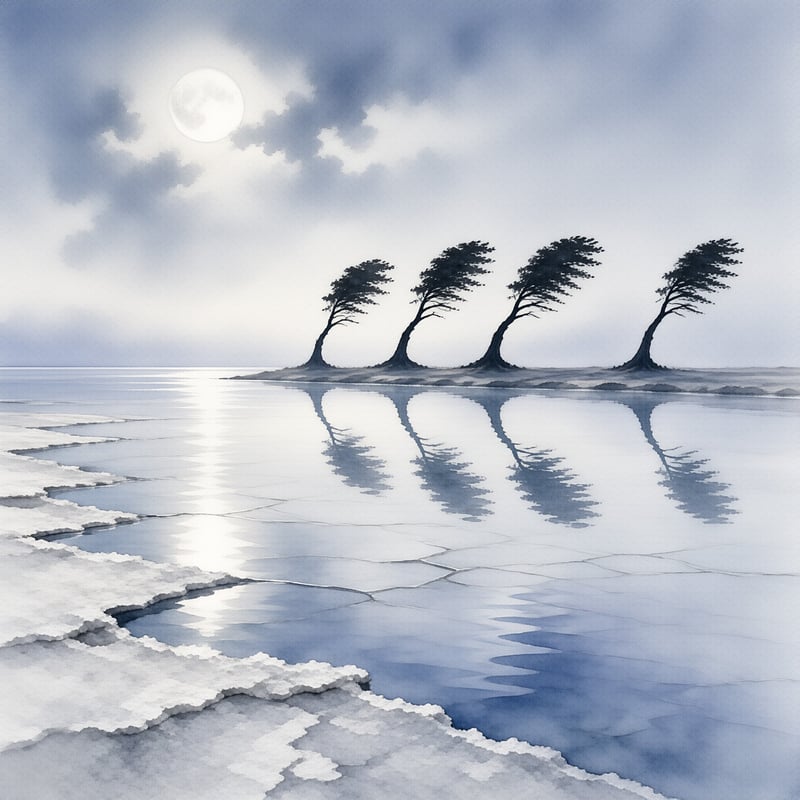 Four wind-swept pine trees stand on a narrow shore, mirrored in cracked ice below under a bright moon.