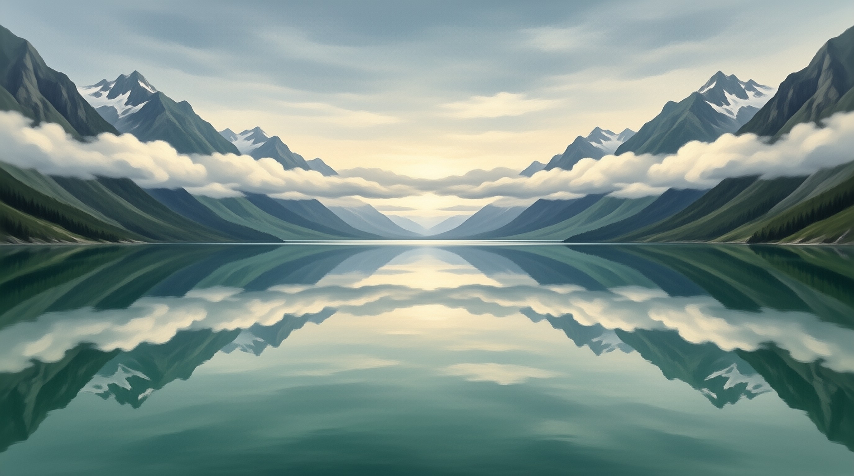 Rugged mountains flank a still blue lake mirroring the sky and a thick white cloud band under soft golden dawn light.