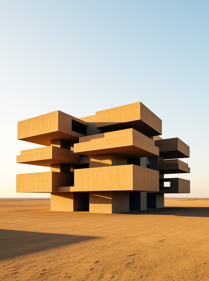 A sculptural arrangement of cantilevered concrete boxes stacked above an empty desert under a clear gradient sky.