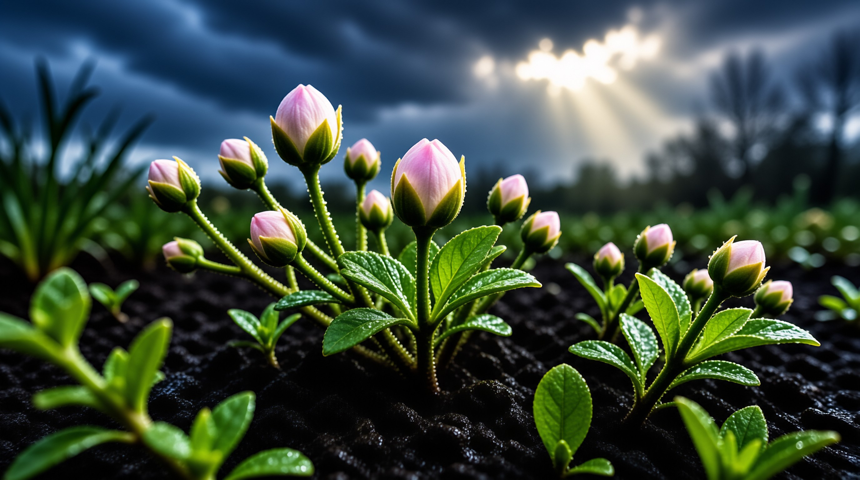 Green stems bearing pink buds emerge from textured earth while bright sunlight cuts through heavy clouds above.
