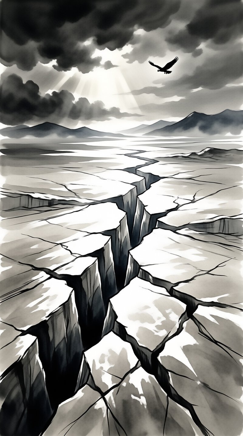 Monochrome cracked desert with distant mountains and sunlight piercing through dark clouds as a bird soars overhead