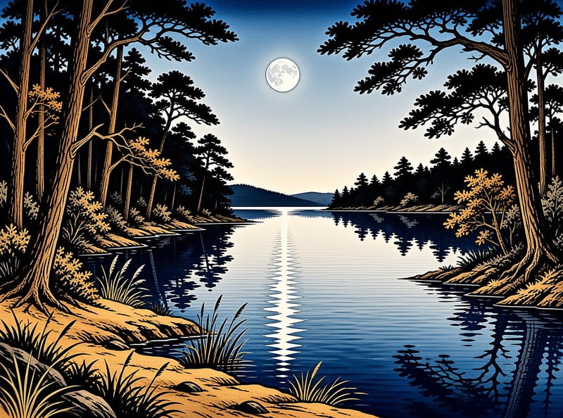 Tall pine trees frame a calm lake at night where a bright full moon casts a long shimmering reflection across the dark water.
