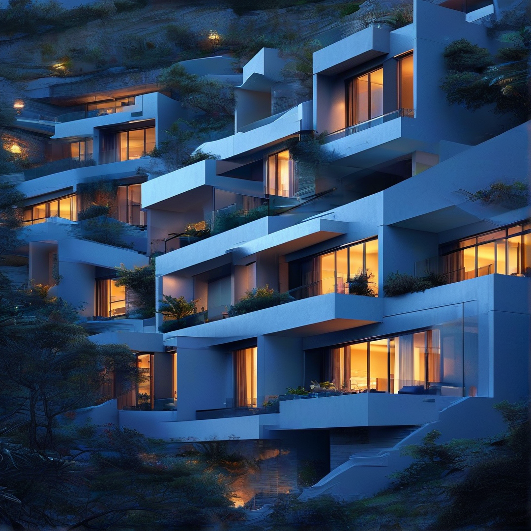 White stepped residences climb a vegetated slope, their balconies and glass doors shining warm amber against blue twilight.