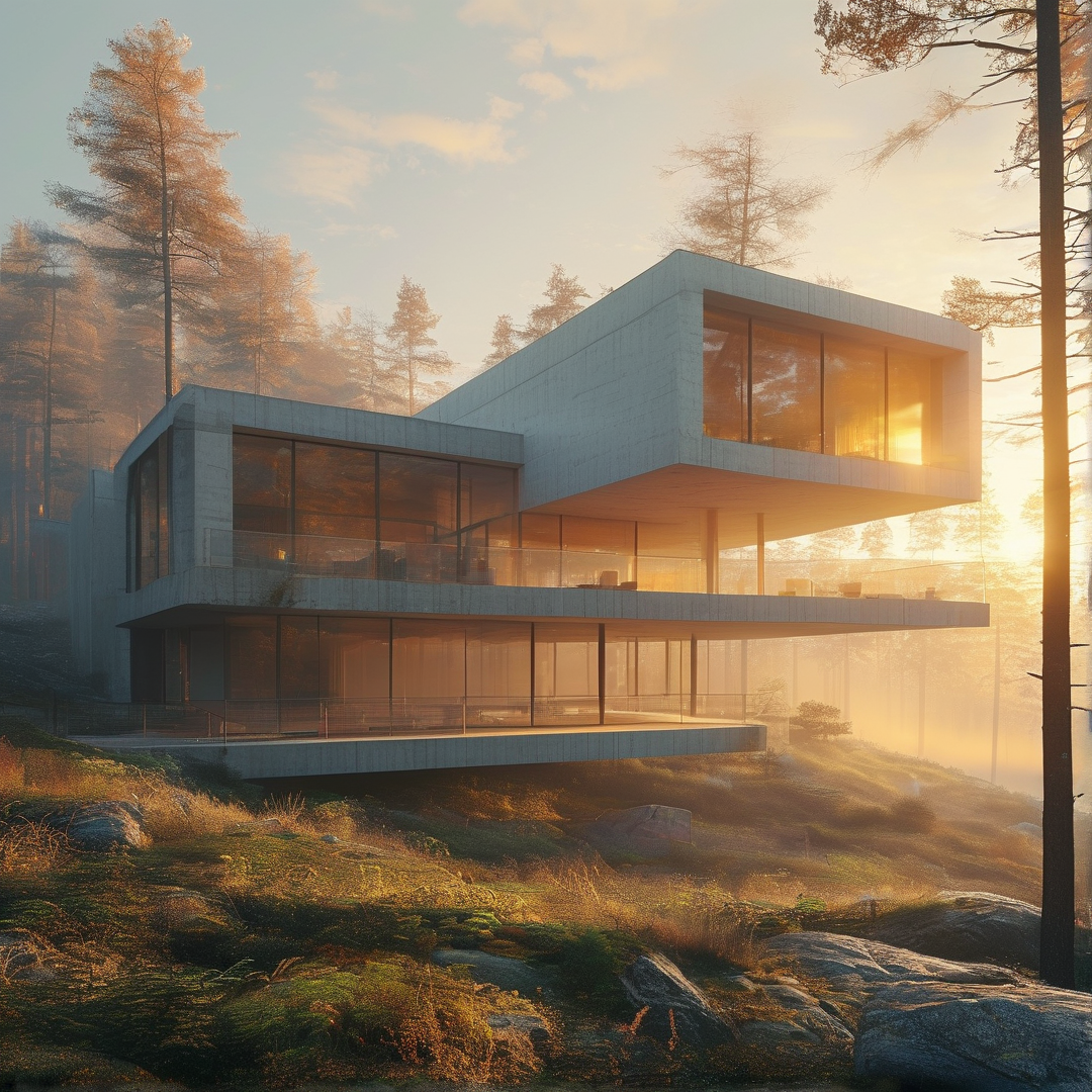 Modern Forest House at Sunset