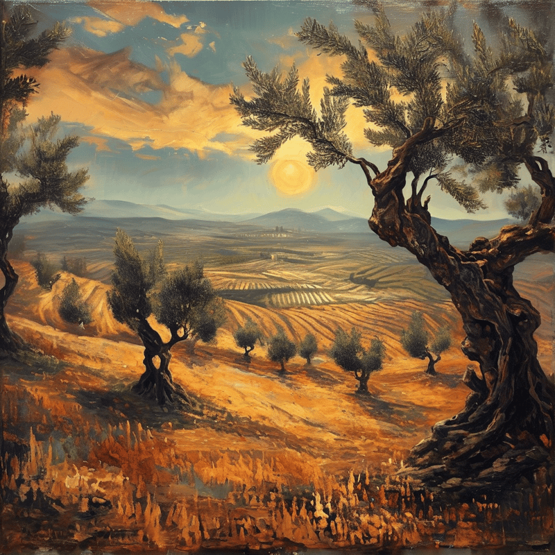 Thick gnarled olive trunks lean across golden plowed slopes beneath a pale sun and streaked impasto clouds.