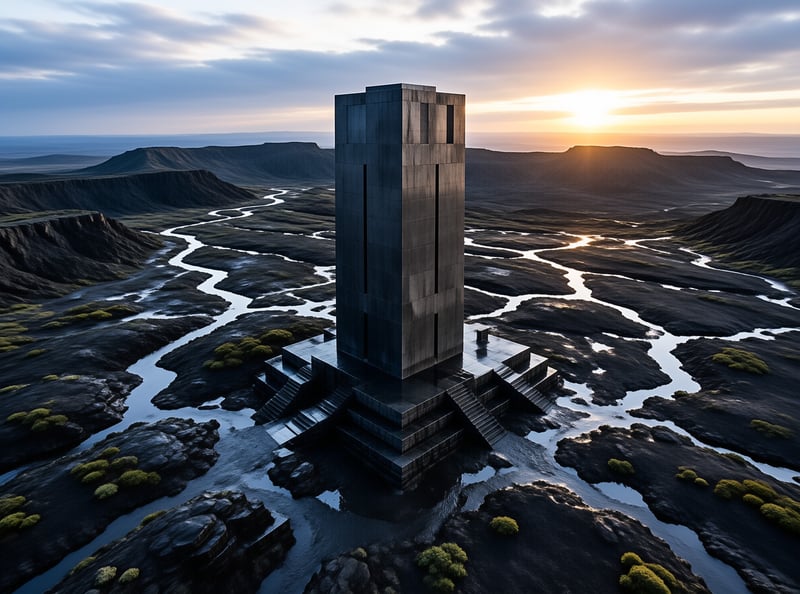 A massive concrete tower rises from a stepped platform surrounded by winding rivers in a dark valley during sunset.