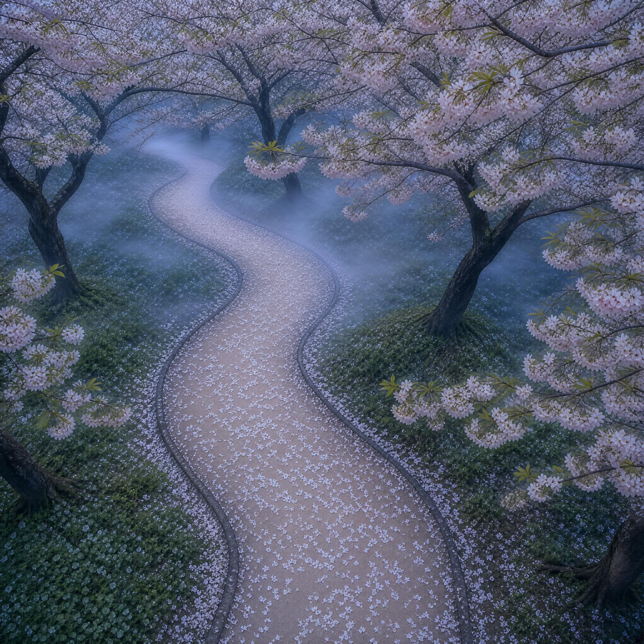 Cherry Blossom Path in Mist