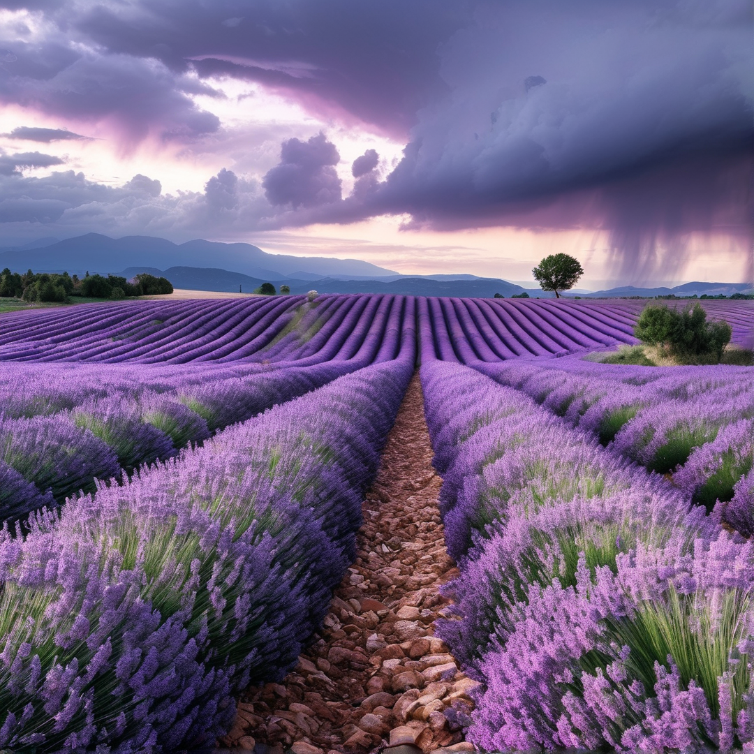 Lavender Field Under Dramatic Sky