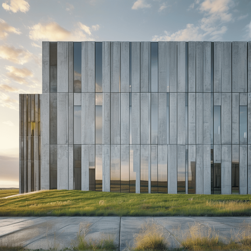 A modern concrete building with vertical glass panels stands on a green grassy slope under a cloudy sky.