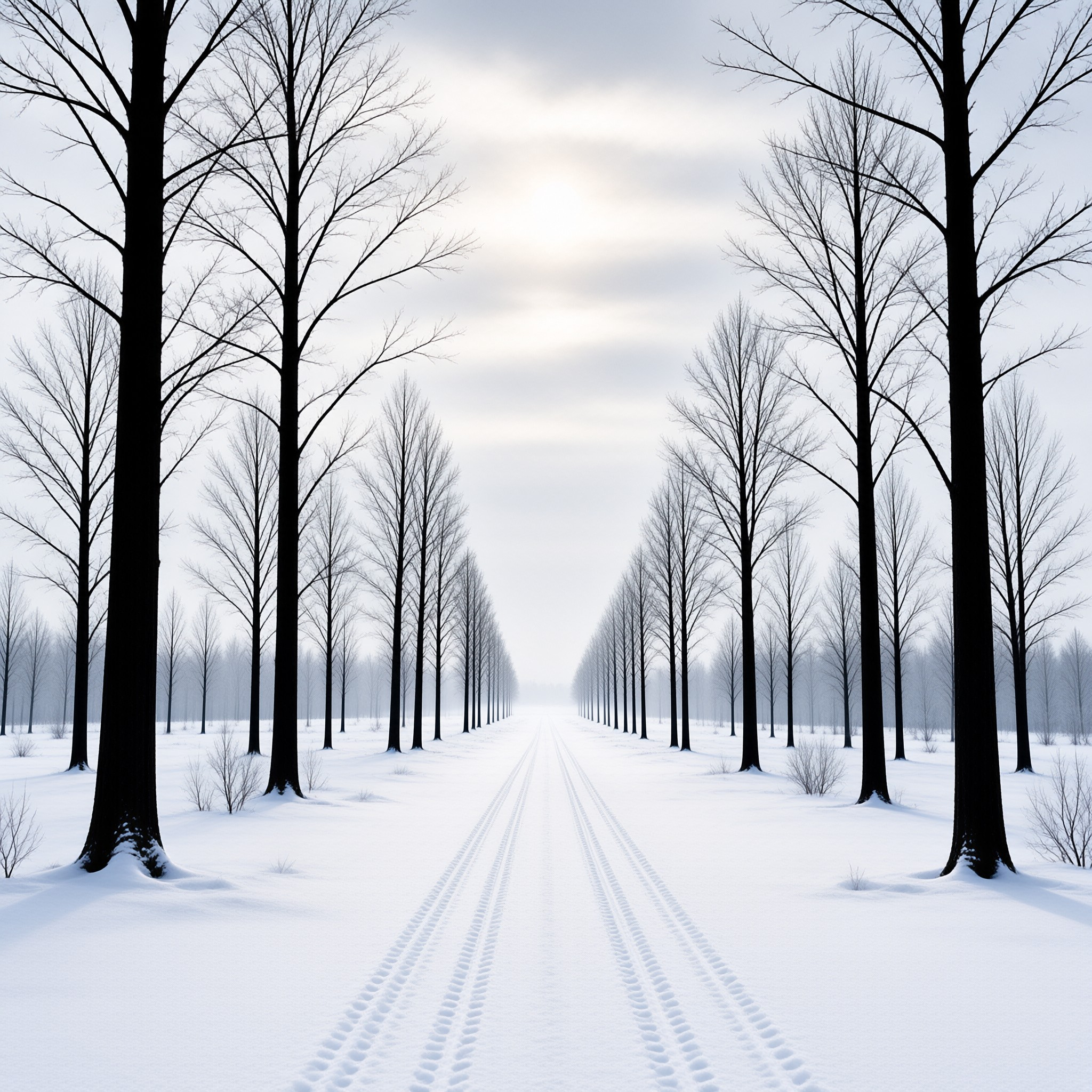 Twin rows of leafless trees flank a track of tire prints vanishing into pale mist under a soft winter sun
