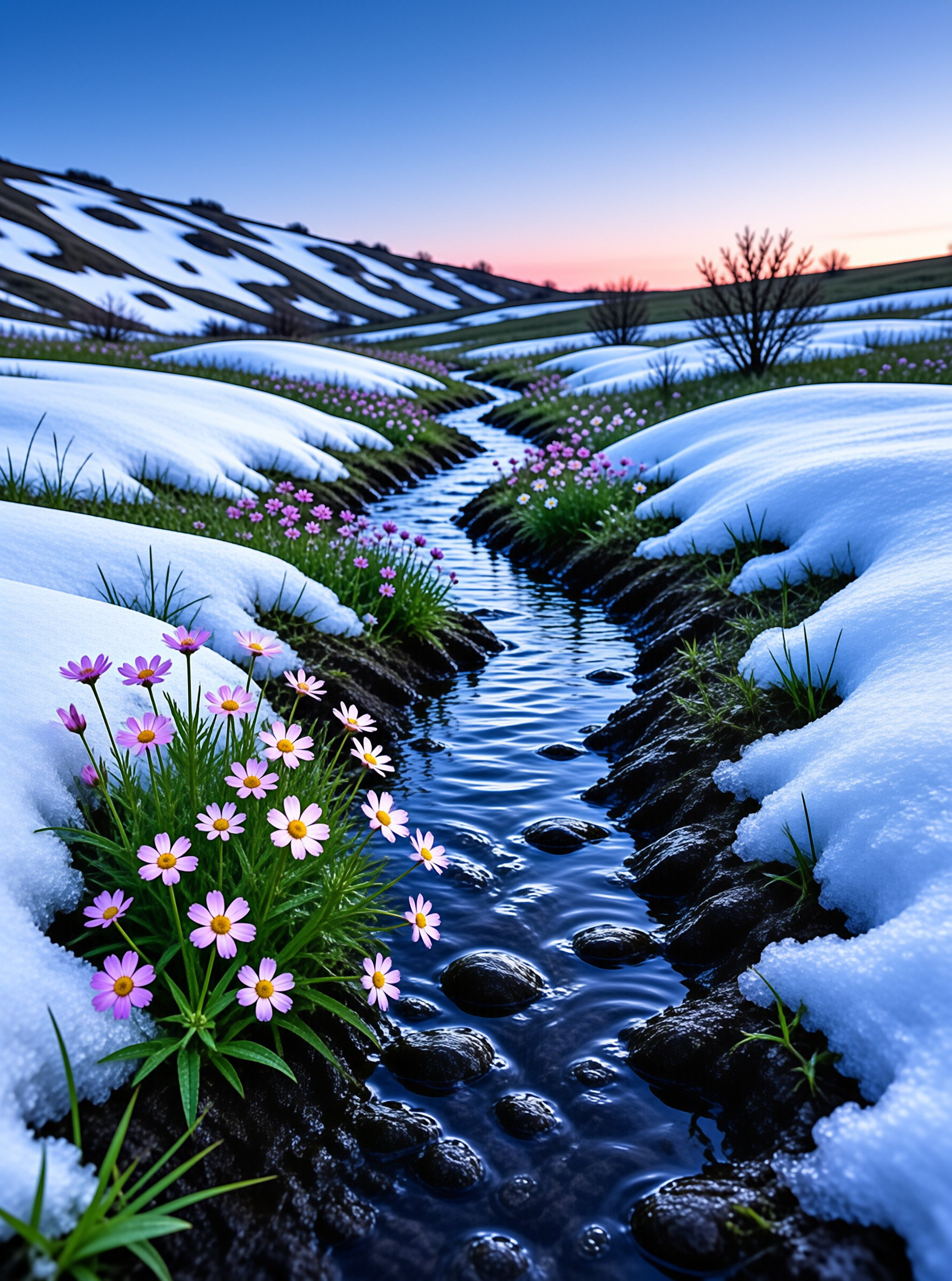 Snowy Stream with Flowers
