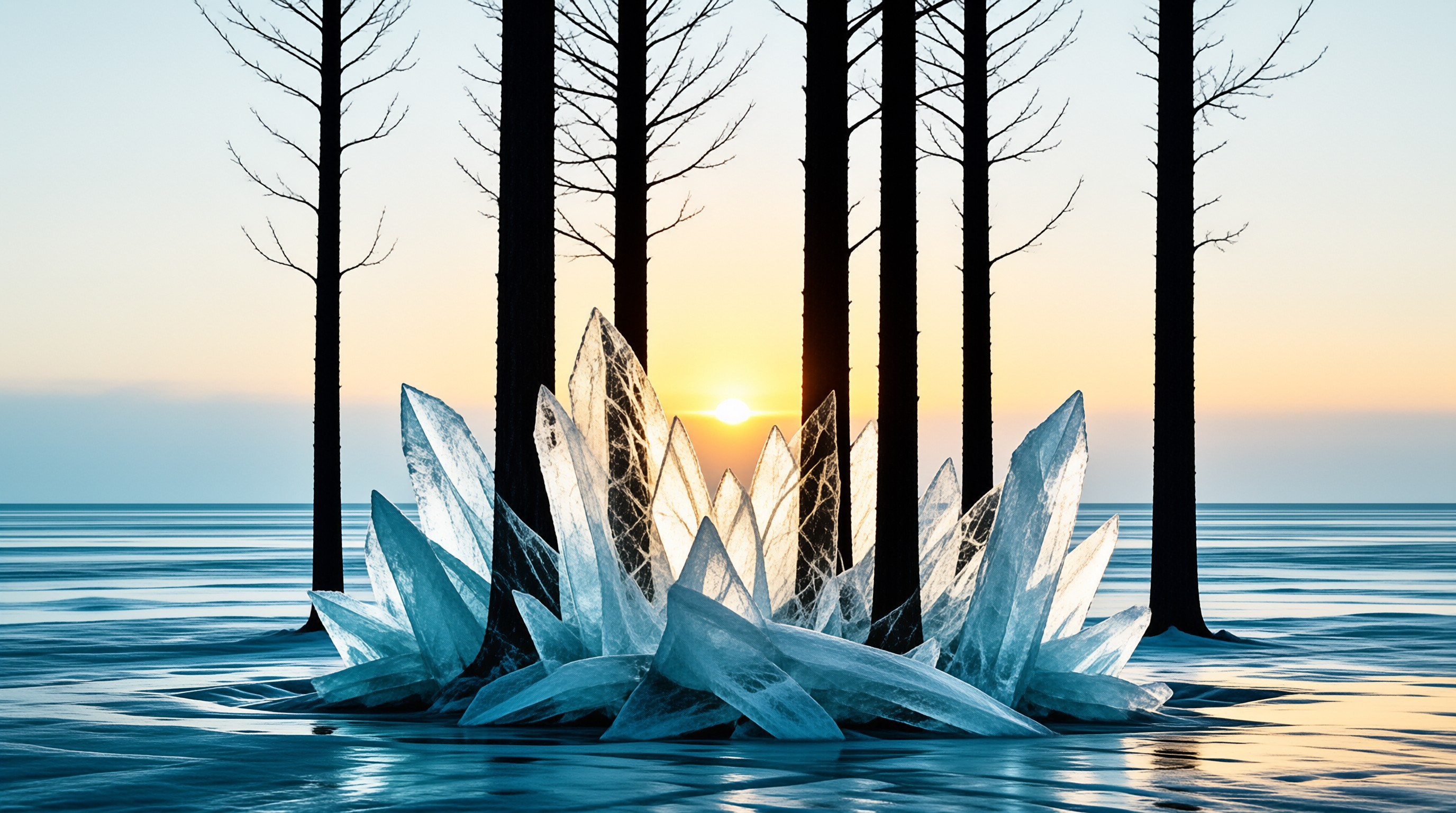 Sharp ice formations emerge from calm water while bare trees silhouette against a glowing orange sunrise sky.
