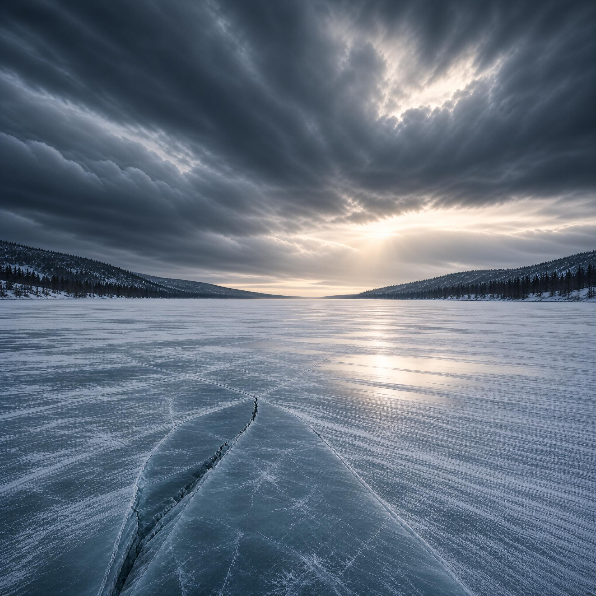 Frozen Lake Under Stormy Sky