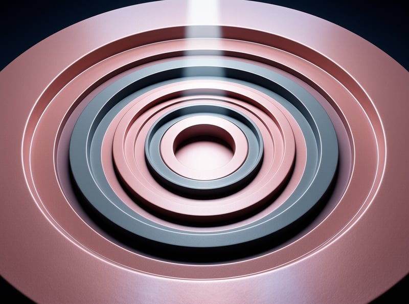 Concentric brushed metal rings in blush pink and slate blue step inward around a soft vertical beam of light