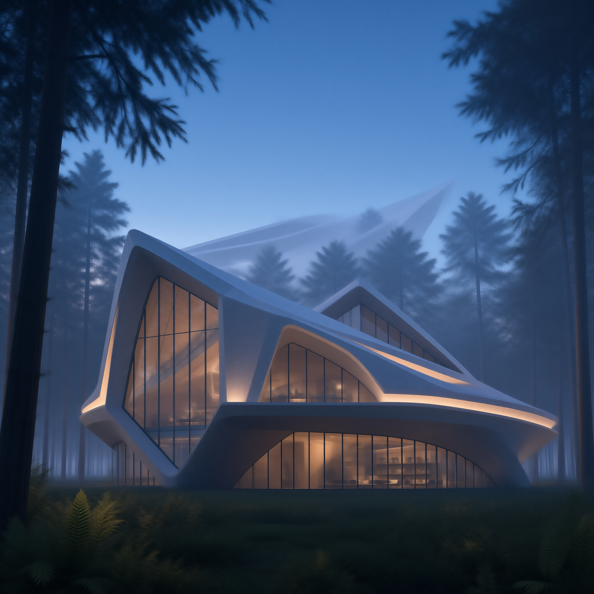 Futuristic Forest Villa at Dusk