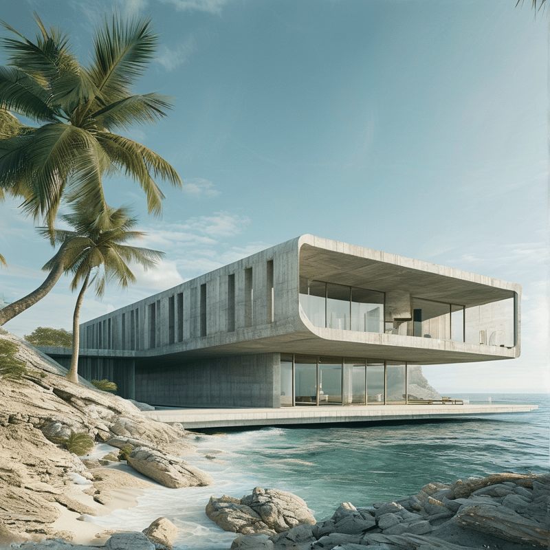 A large modern concrete building with large glass windows sits atop rocks near the ocean under a blue sky.