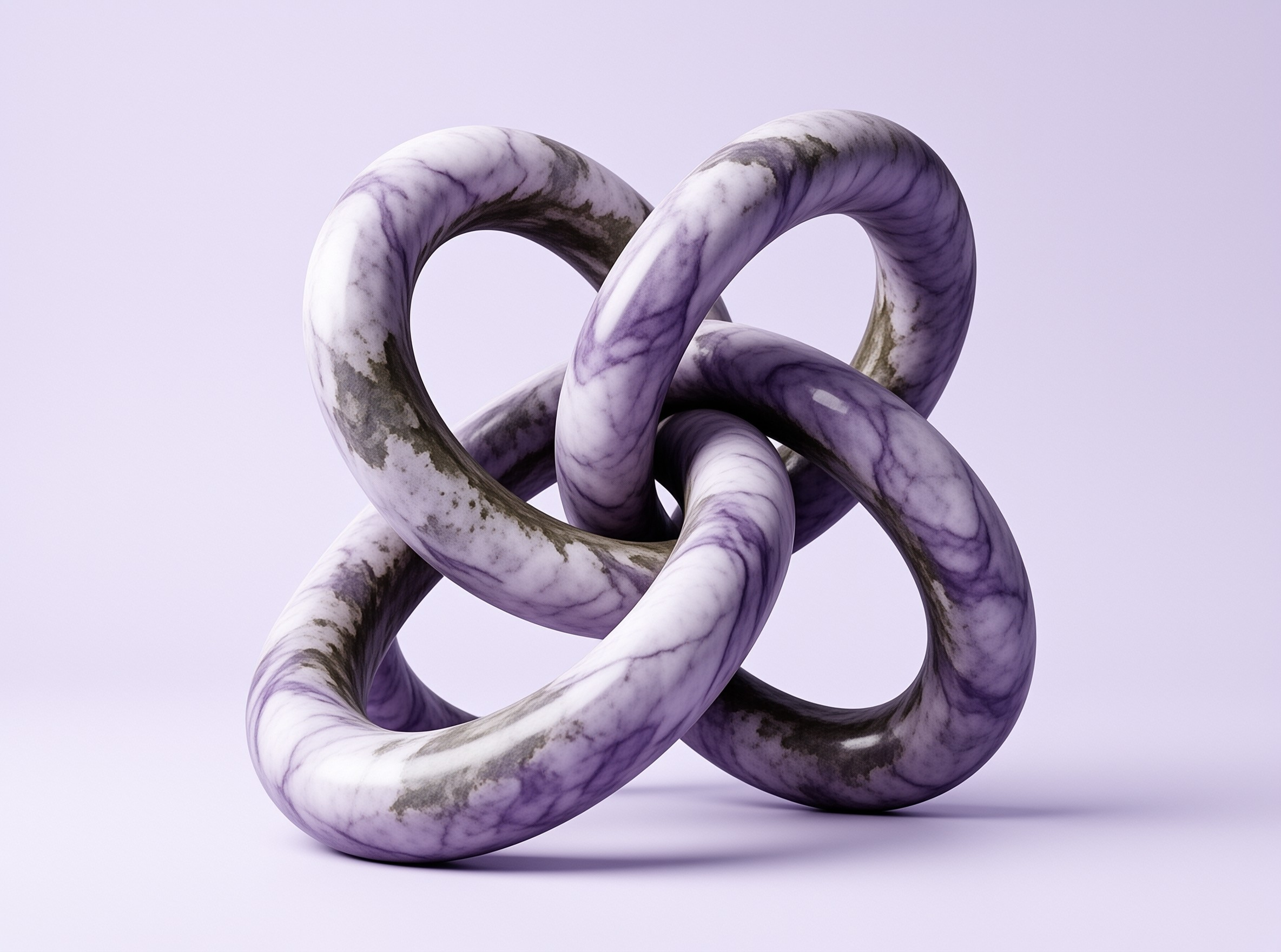 A glossy white and purple marble knot sculpture sits on a smooth lavender surface with soft shadows.