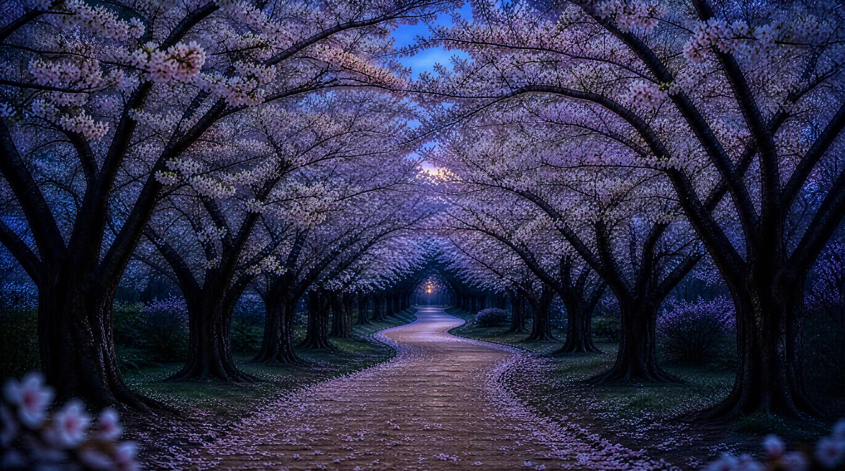 Cherry Blossom Path at Dusk