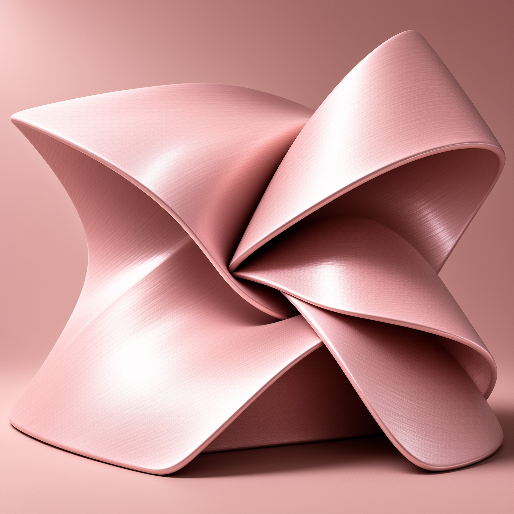 A smooth pink metallic form curls into a four-pointed swirl on a matching rose backdrop, its brushed surface softly lit.