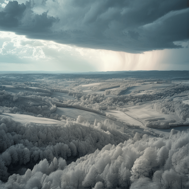A wide view of a snowy landscape where sunbeams pierce dark clouds above frozen trees and rolling hills.