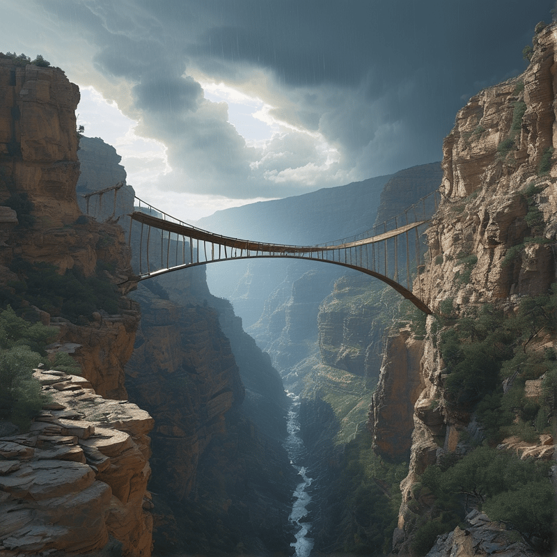 A wooden suspension bridge spans a deep canyon with a river below surrounded by rocky cliffs under a partly cloudy sky