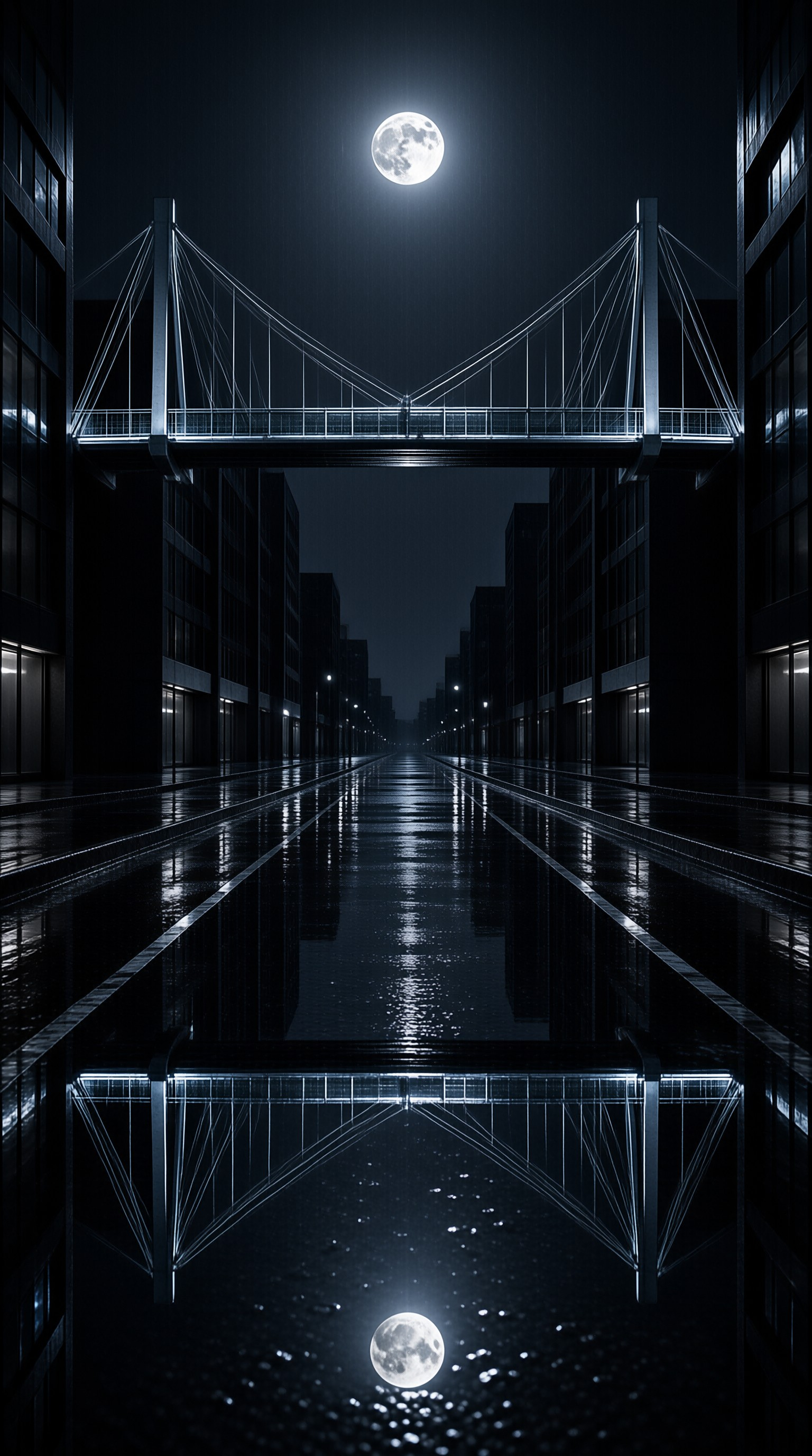 A glowing full moon hangs above a symmetrical urban street with a pedestrian cable bridge and a reflective water channel.