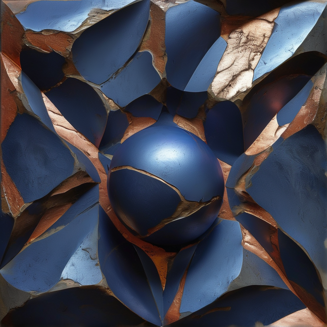 A glossy cracked blue sphere sits at the center of a radial layout of sharp broken blue and weathered copper shard pieces.