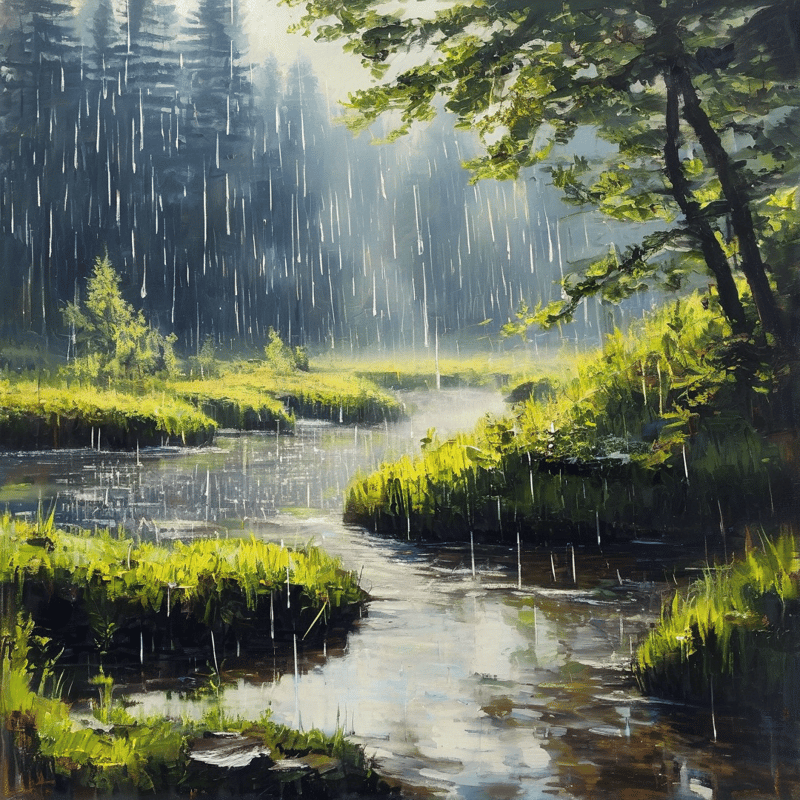 A painting shows a wetland stream winding through a green forest while heavy rain falls and sunlight illuminates the grass.