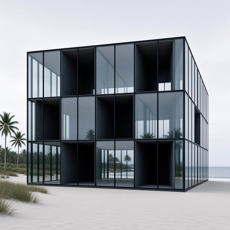 A three story glass framed cube building sits on a sandy shore with palm trees showing through its panes under flat overcast light