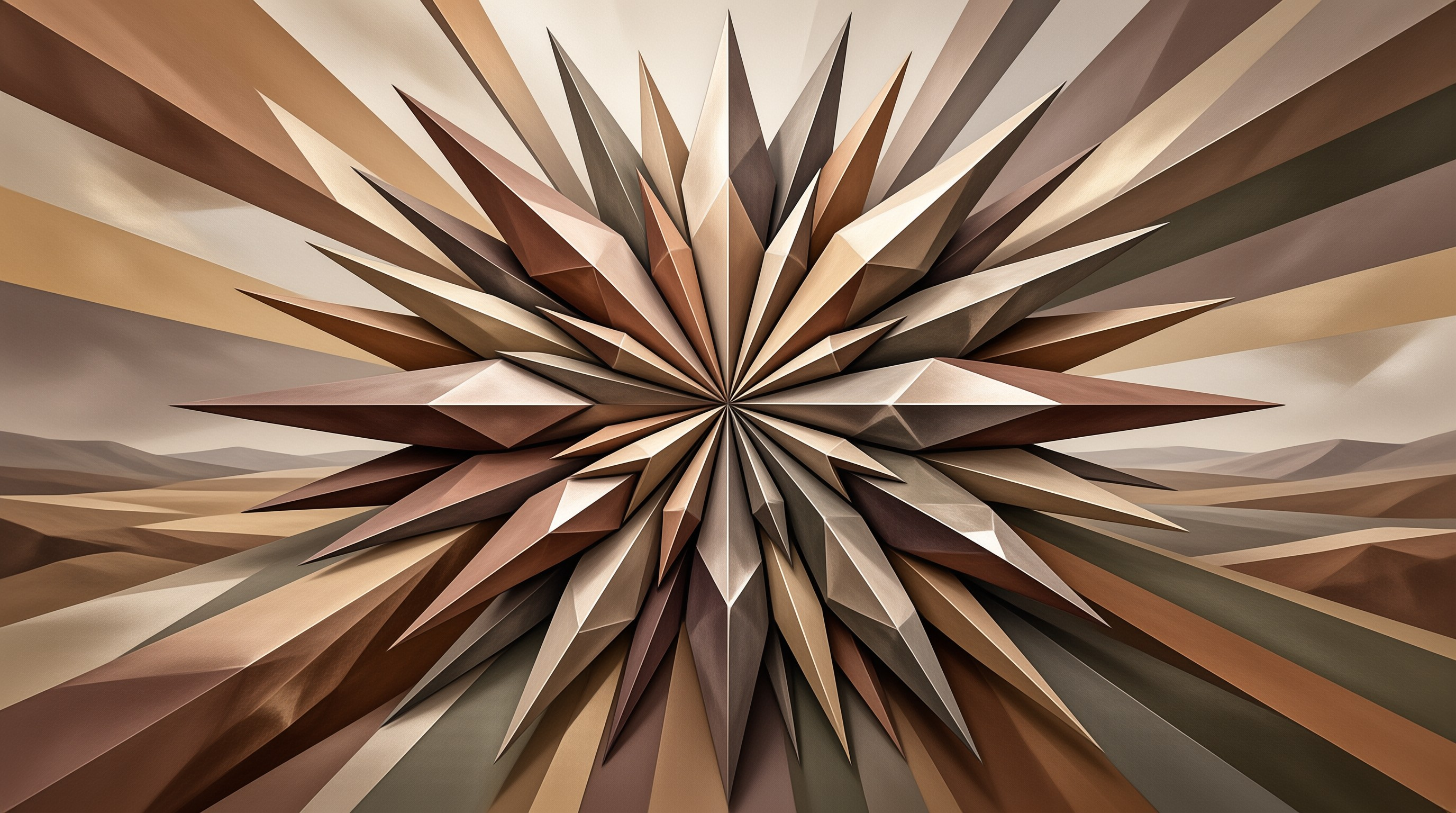 Angular wooden planes flare outward from the center of a warm brown geometric sunburst