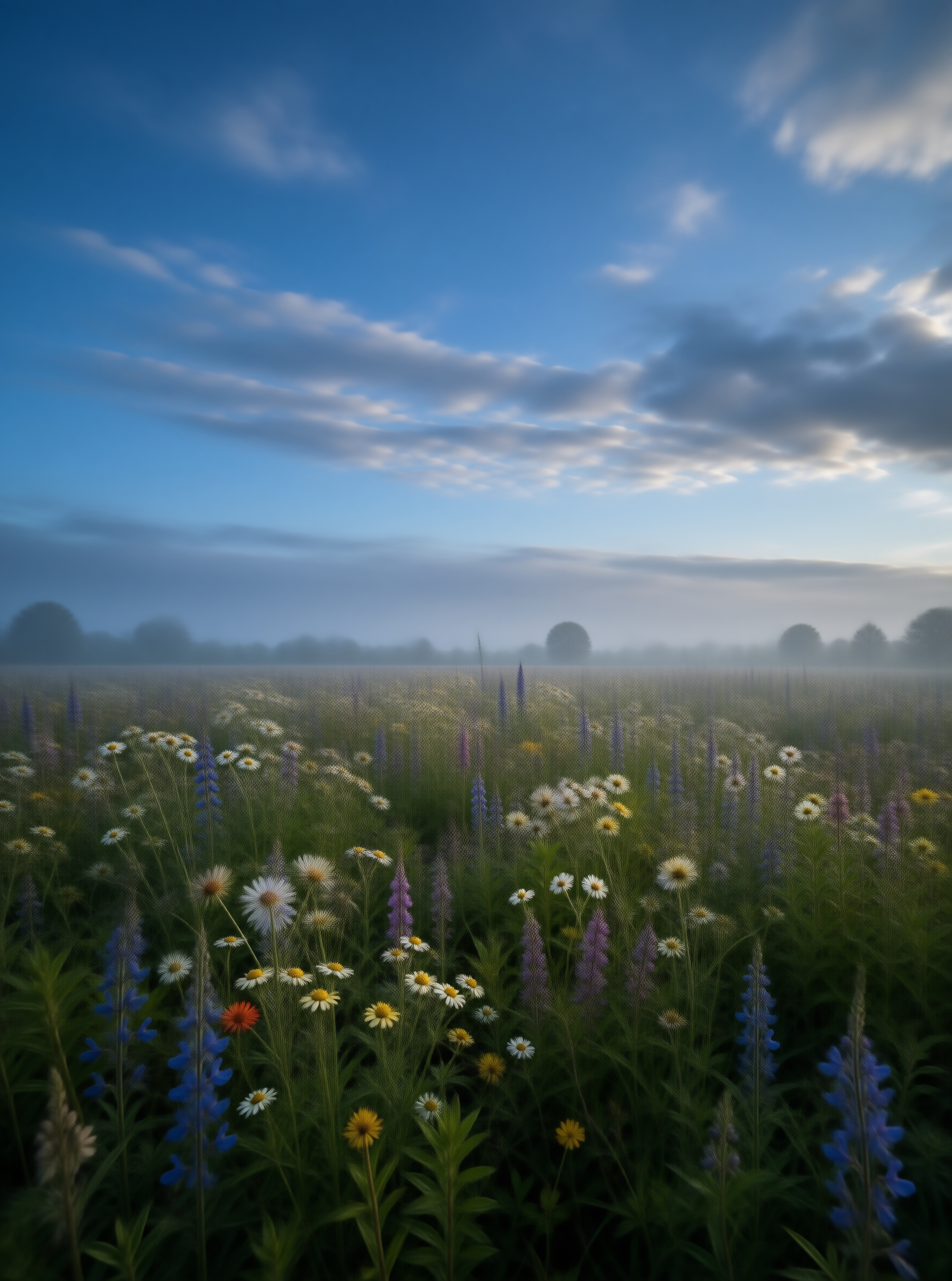 Misty Wildflower Meadow Landscape