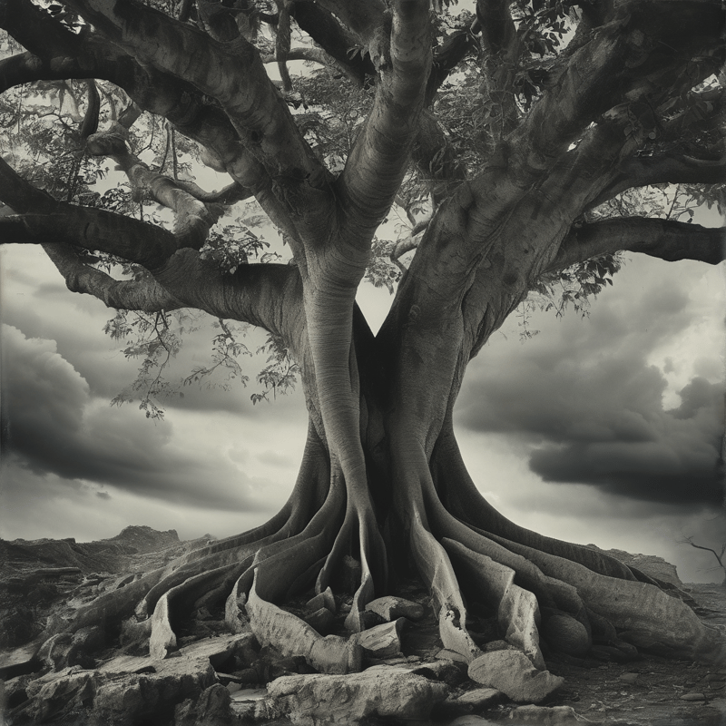 A massive tree with wide buttress roots grows from rocky ground beneath heavy dark clouds in monochrome tones.