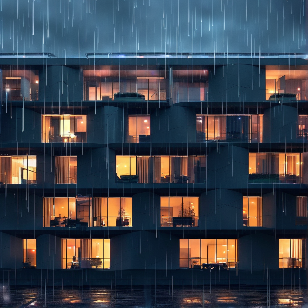 Rows of warmly lit windows stand out on a dark facade as long streaks of rain fall across the scene.