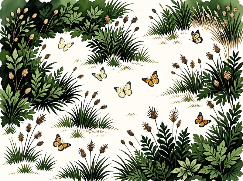 Watercolor style butterflies and plants arranged around a white central space.