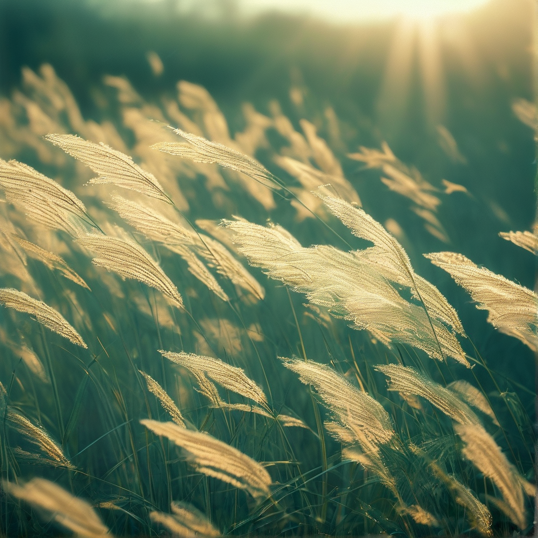 Tall feathery grasses sway in a field as bright sunlight filters through the upper right creating a warm golden glow