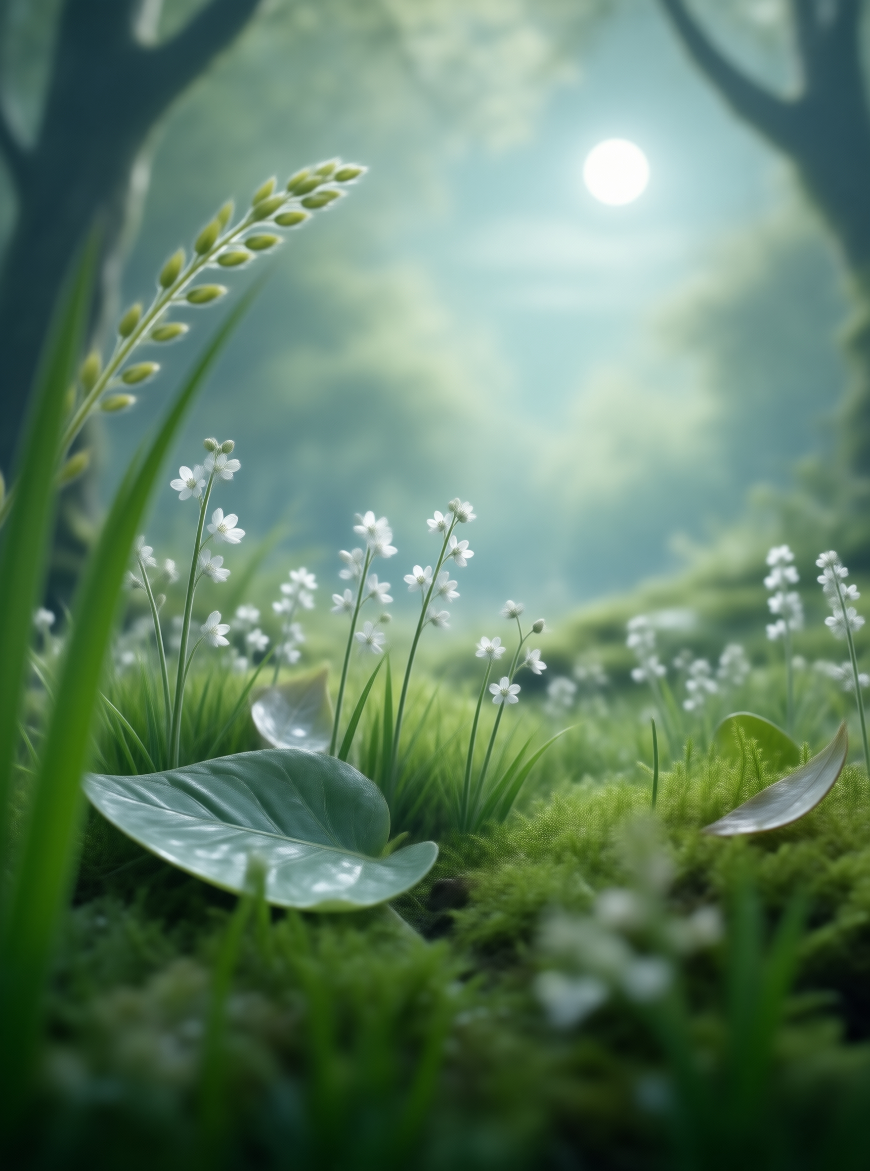 Sunlit Moss and White Flowers