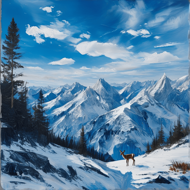 A solitary deer stands on a snowy ridge overlooking a vast range of sharp blue mountains.