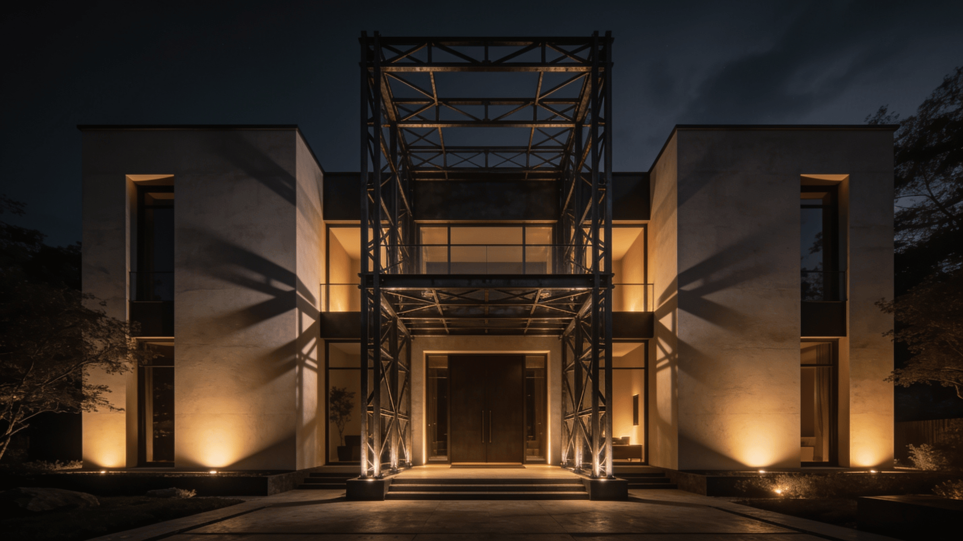Villa with Steel Frame — Night With Warm Lights